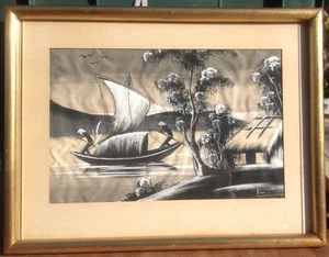 Peinture sur soie : bateau avec 2 personnages | Bon état - Picture 1 of 2