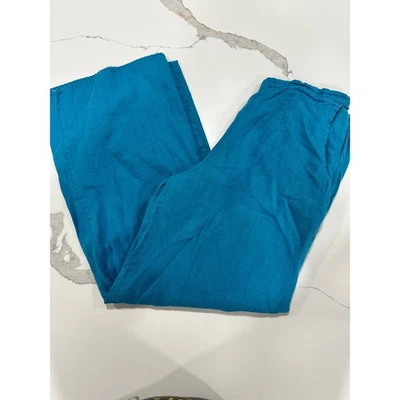 Pantalones para mujer FLAX azul verdoso mezcla de lino cintura elástica pierna ancha medianos Foto 1 de 4