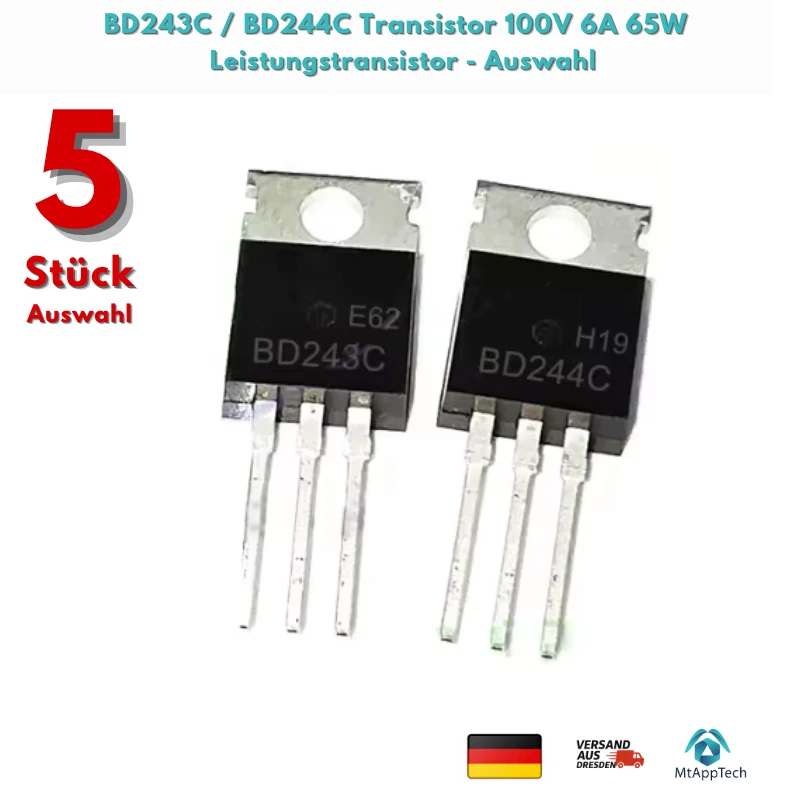 5 Stück BD243C BD243 NPN BD244C BD244 PNP Transistor 100V 6A 65W - Bild 1 von 1
