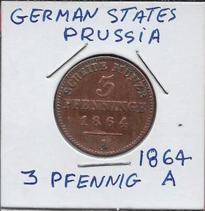 GERMAN STATES PRUSSIA 3 PFENNIG 1864-A KING WILLIAM I,(WILHEM I 1861-1888),LETTE - Foto 1 di 2