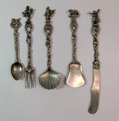 Vintage ROMA Italy Souvenir Spoon Fork Hors d'oeuvres Set of 5 Ornate Handles - Image 1 of 4