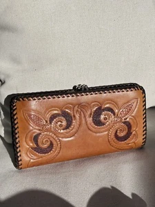 Vintage Hand Tooled Leather Floral Wallet Whip Stitching “PH” Coin Compartments - Picture 1 of 9