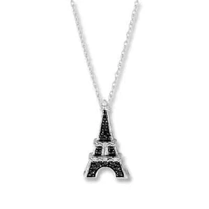 Eiffel Tower Pendant Black & White Diamond Women's Pendant 10K Gold with Chain - Picture 1 of 4