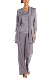 R&M Richards Faux Two-Piece Pant Set with Metallic Details Silver - Picture 1 of 2