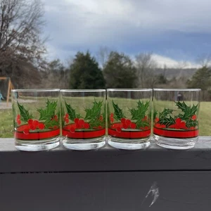 4 Libby Cocktail Lowball Glasses Holly Leaves Red Berry Berries Christmas Drink - Picture 1 of 11
