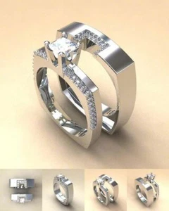 His Her Matching Couple's Wedding Bridal Ring Set In Solid 925 Sterling Silver - Picture 1 of 2