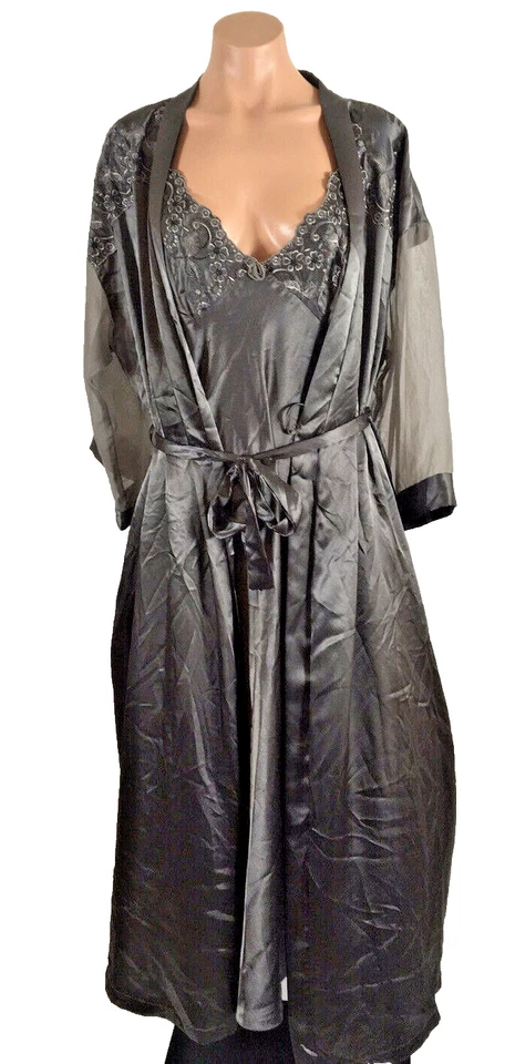 Conjunto de Novia Vintage Luna de Miel Peignoir Negro Seda Largo Camisón Bata Lujos L Foto 1 de 4