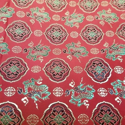 Red  Asian Silk Brocade Happy  Dragon Flower Fabric 4.8yds  144" x 46" - Image 1 of 4