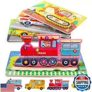 Puzzles for Toddlers 1-4 Years Old, 4 Pack Wooden Transportation Puzzles Toys - Picture 1 of 5