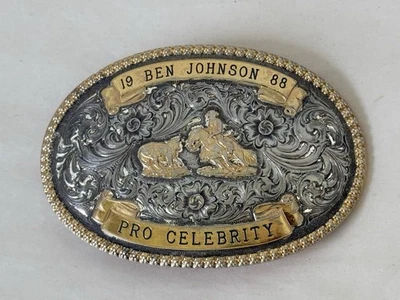 De colección Ben Johnson Pro Celebrity 1988 Rodeo Western Gist Bronce Sólido Hebilla de Cinturón Foto 1 de 4