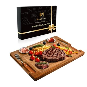 MAVOTER Acacia Wooden Steak Board - Steak Plate Cutting Board with Fork, Knif... - Picture 1 of 9