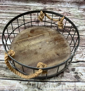 Runder Korb aus Metalldraht und Holz mit Seilgriffen rustikales Dekor - 12 Zoll breit - Bild 1 von 3