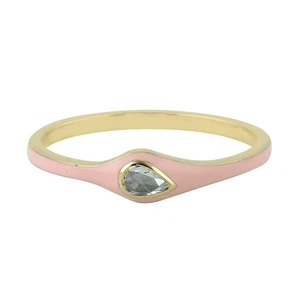 14k Yellow Gold Natural Pear Diamond Stackable Pink Enamel Ring Jewelry Gift - Picture 1 of 6