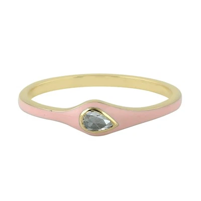 14k Yellow Gold Natural Pear Diamond Stackable Pink Enamel Ring Jewelry Gift - Image 1 of 4