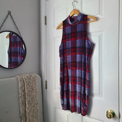 Mini Vestido Adam Levine Terciopelo Cuadros Elastizado Talla XL Rojo Púrpura Fiesta de Vacaciones Artístico Foto 1 de 4