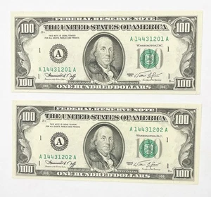 Pair Uncirculated 1974 US $100 Dollar Bills w/ Consecutive Serial Numbers 01/02 - Picture 1 of 2