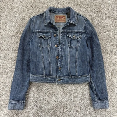 Chaqueta de camionero Express R&D ajuste de precisión para mujer M azul elástico denim con botones Foto 1 de 4