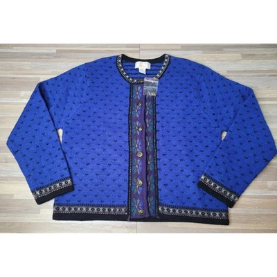 Tally Ho Boiled Wool Cardigan Sweater Womens L Blue Black Nordic Extra Button - Image 1 of 4