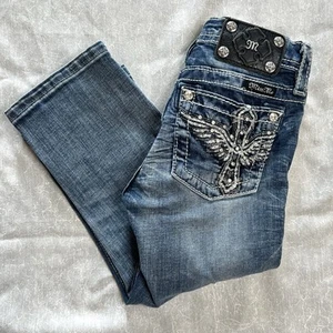 Miss Me Girls Cuffed Capri Jeans Sz 10 Rhinestones Bling Embellished Denim - Picture 1 of 8