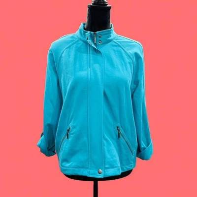 Athleisure Preppy Aqua Teal Blue Mock Neck Zip-Up Jacket Shacket Ruby Rd. PL NEW - Image 1 of 4