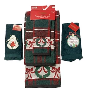 Vintage Holiday Time Christmas Bath Hand Towel Set Cotton Terry Santens USA - Picture 1 of 12