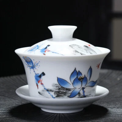 China Gaiwan Porcelain Handpainted Under Glaze Ceramic Tea Cup Bowl Saucer Lid - Image 1 of 4