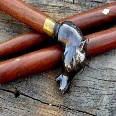 Cabo de cabeça de cavalo latão vintage vitoriano fordable bengala de madeira gif - Imagem 1 de 4