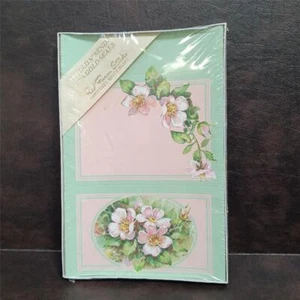 10 NOS Vtg Cherry Blossom Fold N' Send Stationery Red Farm Studio Pink & Green - Picture 1 of 9