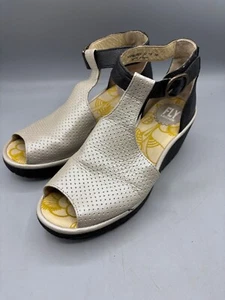 Fly London Womens Sandals 38 Perforated Leather Wedge Yall Silver - Picture 1 of 9