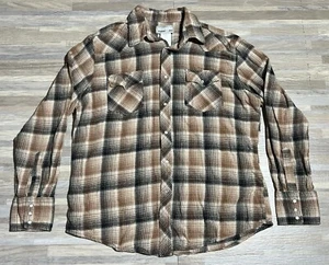 Wrangler Wrancher Shirts Pearl Snap Long Sleeve Shirt Large Brown/Black Plaid - Picture 1 of 4