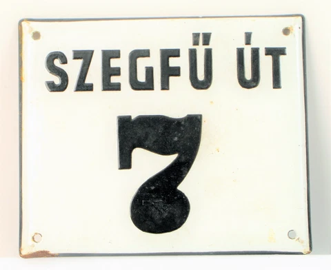 VTG WHITE ENAMEL PORCELAIN STREET SIGN BUDAPEST HUNGARY ~7" SZEGFU UT 7 ADDRESS Cover