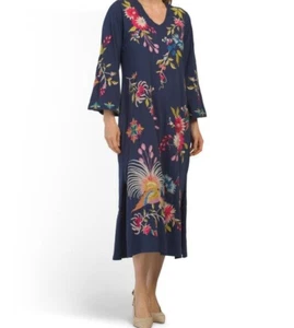 Johnny Was Julie Midi Tee Dress Navy Embroider Cotton Knit Kimono Sleeve XS;NWT - Picture 1 of 22
