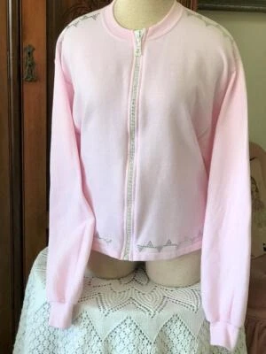 Ladies Soft Pink Rhinestone Zip Cardigan Sweatshirt ~ Get Lucky ~ Size Small - Image 1 of 4
