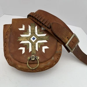 Cintura bandolier munizioni tonde 25 pelle marrone cacciatore vintage - Foto 1 di 15