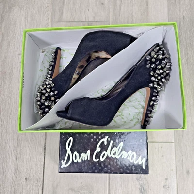 Sam Edelman Shoes Womens Size 7.5M Black Suede Lorissa Peep Toe Studded Pumps - Image 1 of 4