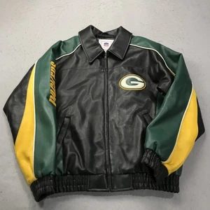 VINTAGE Green Bay Packers Jacket Mens Medium Varsity Faux Leather Zip NFL 90s - Picture 1 of 9
