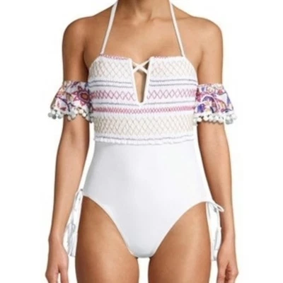 XOXO White Smocked Illusion Sleeve Pompom One Piece Swimsuit NEW Women's Large - Image 1 of 4