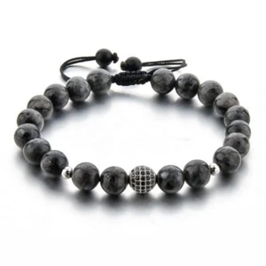 Luxury Men's gray onyx 18k White Gold plated Ball Style beaded bracelet + Box - Picture 1 of 4