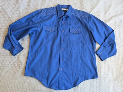 AMD Western Wear Shirt Men Extra Large 17.5 Blue Pearl Snap Long Sleeve Vintage - Image 1 of 4