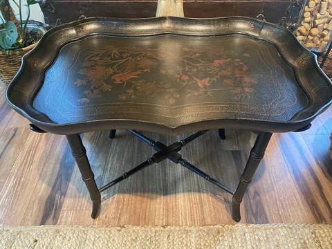 Vintage Black Chinoiserie Faux Bamboo Tray Side Accent Table Bombay Free Ship Cover