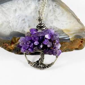 Amethyst Kristalle Lebensbaum Halskette Antik Deutsch Silberdraht Umwickelt - Bild 1 von 3