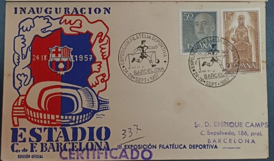 Sobre Expo. Filatélica Deportiva Inauguración Estadio CF Barcelona Etapa XV 1957 - Imagen 1 de 1