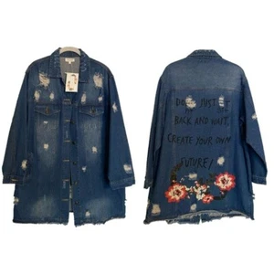 Giacca jeans boho nuova Velzera ricamata floreale invecchiata denim taglia large L nuova con etichetta - Foto 1 di 12