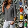 Womens Plain Office Work Shirts Ladies Long Sleeve V Neck Plus Size Blouse Tops
