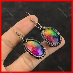 Pendientes colgantes envueltos en alambre de piedras preciosas druzy de cuarzo solar arco iris joyería cobre - Imagen 1 de 6