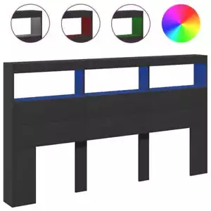 LED Lights Headboard Wooden Storage Shelf Bedhead Head Black Queen Size 180cm - Picture 1 of 12