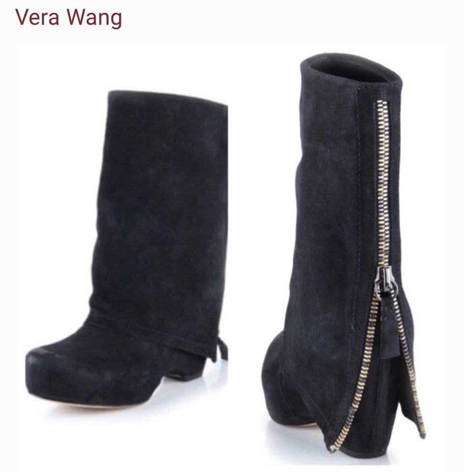 VERA WANG Lavender Label Fold-Over Wedge Suede Ankle Boots Black Size US 7 - Image 1 of 4
