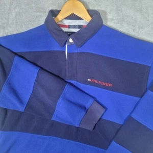 Vtg Tommy Hilfiger Mens XL Rugby Shirt Fleece Blue Striped Pullover Extra Large - Picture 1 of 9