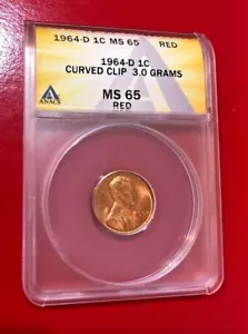 1964 D ONE CENT ANACS MS 65 RED MINT ERROR CURVED CLIP 3.0 GRAMS - Picture 1 of 2