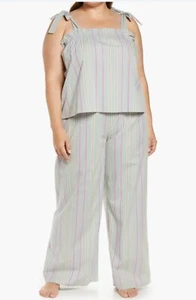Open Edit 2 piece Women 100% Cotton Tie-Strap Tank Pajamas Set Striped NWT - Picture 1 of 22